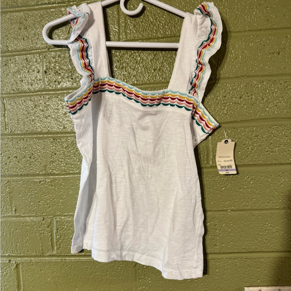 White Ruffled Women's Top with Multicolor Trim